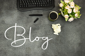 Blogging, blog concepts ideas with laptop keyboard and cup of coffee, flowers vase 