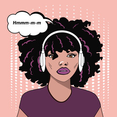 Curly girl in headphones and thoughts in pop art style 