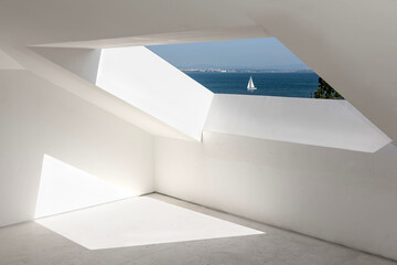 Fototapeta premium Window outlook under the roof on blue sky and sea with white sailing boat.