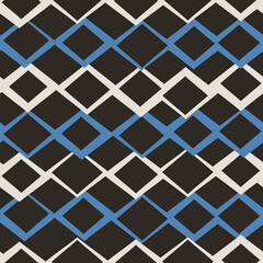 Blue and black abstract rhombuses, curves and casual. Vector seamless design for print. Interior print for home, fabrics, cups, postcards, pillows.
