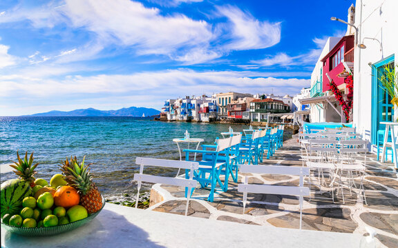 Mykonos island,Cyclades. Greece summer holidays. Bars by the sea in famous popular place "Little Venice".