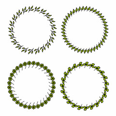 Set of round and square frames with stylish green leaves on white background. Vector image.