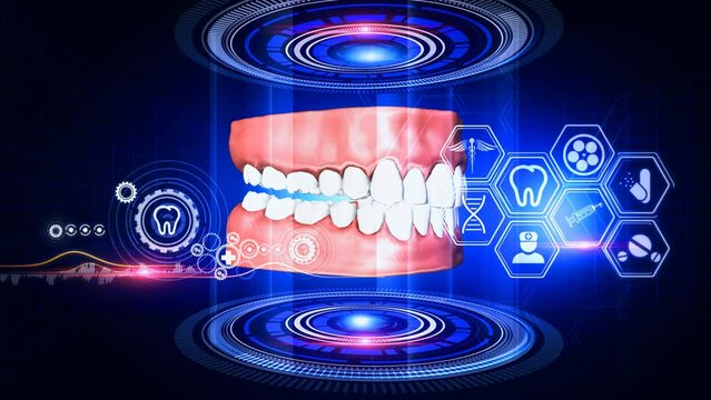Human Teeth Analysis Virtual Reality
A virtual reality 3d graphics showing rotating human  teeth model with medical icons on surrounding
