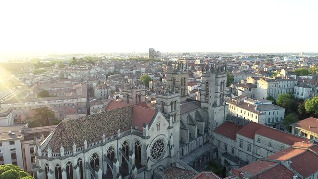 Aerial view of Catholic cathedral in Montpellier, France at sunrise 