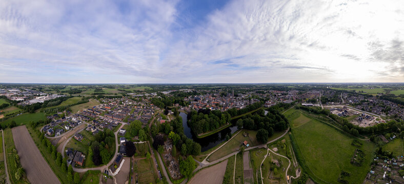Aerial full all around view of city Groenlo in Achterhoek region of The Netherlands. Ready for VR 360 degrees Dutch cityscape panorama.