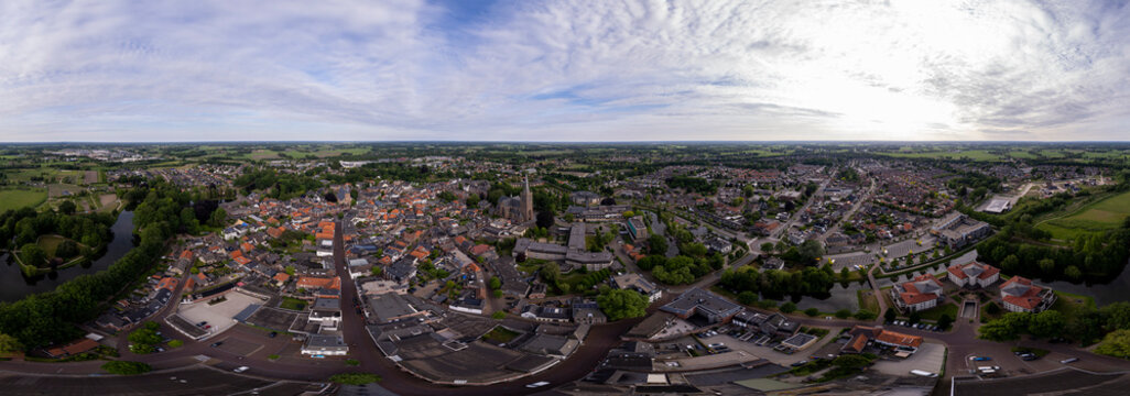 Ready for VR 360 degrees aerial Dutch cityscape panorama. All around view of city Groenlo in Achterhoek region of The Netherlands. 