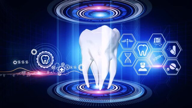 Human Tooth Analysis Virtual Reality
A virtual reality 3d graphics showing rotating human  tooth model with medical icons on surrounding