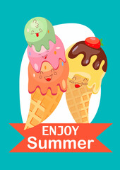 Summer postcard with colorful ice creams, with cheerful emotions, different sizes with a cone horn. Summer design for content. Vector background