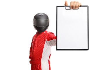Motorsport racer with a helmet holding a clipboard with a blank document