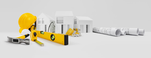 House construction plan. Work Tools for building. Architectural models houses, yellow hard hat,...
