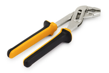 Pipe plumber wrench, tool for construction or industrial works, colored in black and yellow isolated on white background.