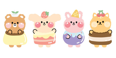 Fototapeta na wymiar Set of cute animal in dessert costume cartoon.Sweet food.Kid graphic design collection.Cake,cookie,pudding,ice cream.Funny.Kawaii.Vector.Illustration.