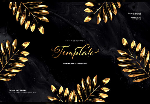Gold Petal Tropical Plant Stem and Monstera Deliciosa Leaves Marble