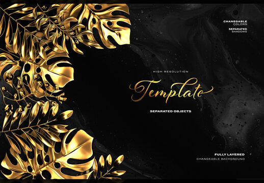 Gold Tropical Monstera Deliciosa Leaves Top View on Dark Space Background