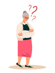 Pensive Elderly Woman with Amnesia. Forgetful Senior Character Thinking,Alzheimer Disease. Confused Grandmother,Forget and Trying Remember.Troubled Worried Old Retired.Flat Cartoon Vector Illustration
