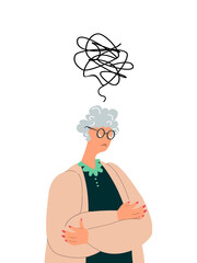 Pensive Elderly Woman, Amnesia and Mess in head,thoughts.Forgetful Senior Character Thinking,Alzheimer Disease.Confused Grandmother,Forget,Try Remember.Troubled Worried Old Retired.Flat Illustration