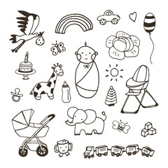 Baby birthday vector illustrations line set