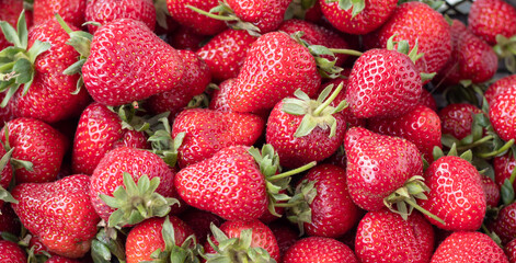 Red fresh strawberries background closeup top view