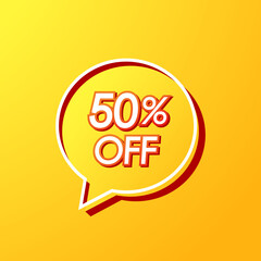 Discount with the price is 50%. Sale of special offers. An ad with a yellow tag for an advertising campaign at retail on the day of purchase.