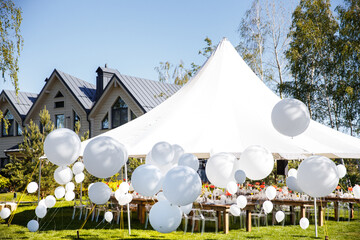 Wedding tent with large balls. Tables sets for wedding - obrazy, fototapety, plakaty