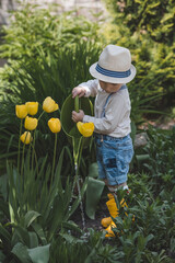 A cute boy in bright yellow boots, a hat and stylish clothes is watering flowers from a watering can in a summer garden, outdoors. The concept of gardening and a happy childhood.