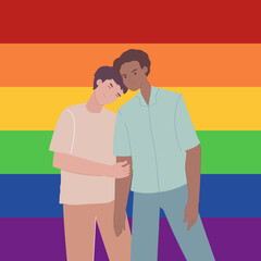 LGBTQ Pride month celebration a couple with rainbow flag background