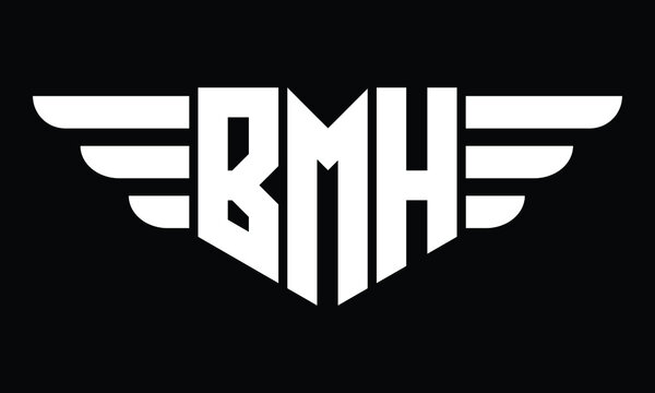 BMH three letter logo, creative wings shape logo design vector template. letter mark, wordmark, monogram symbol on black & white.