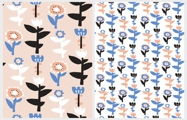Simple Hand Drawn Irregular Floral Seamless Vector Patterns. Cute White and Blue Flowers on a White and Blush Background. Infantile Style Abstract Garden Vector Print Ideal for Fabric. Cool Pattern.