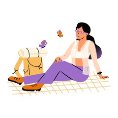 Vector flat illustration of a woman outdoor with backpack resting in a park, butterflies flying around