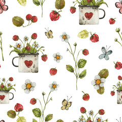 Watercolor seamless background with wild strawberries and hand-drawn vintage huts.Teacup with strawberries, berries, sprout, herbs and forest flowers