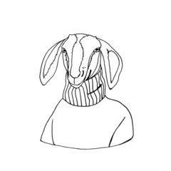 Vector goat in a knitted sweater. A hand-drawn illustration of a dressed goat in the style of a doodle.