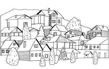 Vector illustration of a city, countryside on a mountainside in the style of doodles.