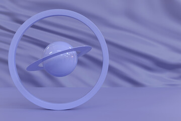 An abstract scene with a blue wavy fabric in the background. A model of a planet with a ring inside another ring. 3D render.