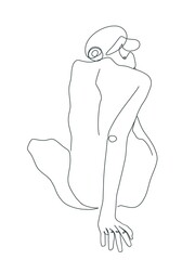 Fototapeta premium Back view of seated nude woman is drawn in line art style. Printable art.