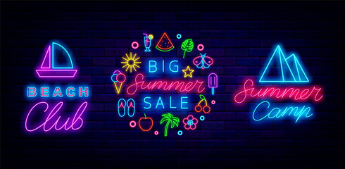 Summer sale neon signboards collection. Beach club and summer camp labels. Glowing effect banner. Vector illustration