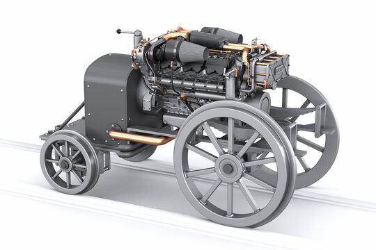 An unusual steampunk vehicle with a diesel engine on rails. Amazing locomotive prototype on a white background. The concept of a strange mechanized unit with a large motor. 3d render