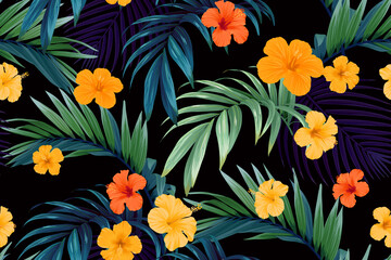 Seamless hand drawn tropical vector pattern with bright hibiscus flowers and exotic palm leaves on dark background. - obrazy, fototapety, plakaty