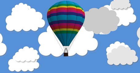 Naklejka premium Image of flying balloon with basket over clouds on blue background
