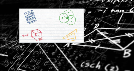 Image of school items icons over mathematical equations on black background