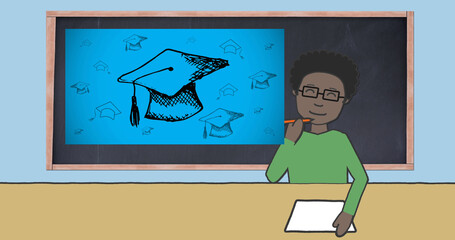 Image of schoolboy taking notes over blackboard with school items icons on blue background