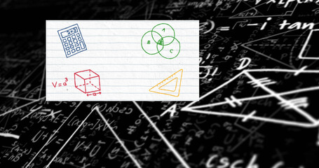 Image of school items icons over mathematical equations on black background