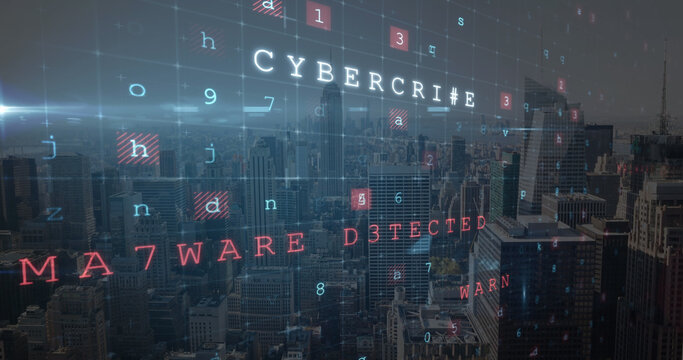 Image of cyber crime text over cityscape