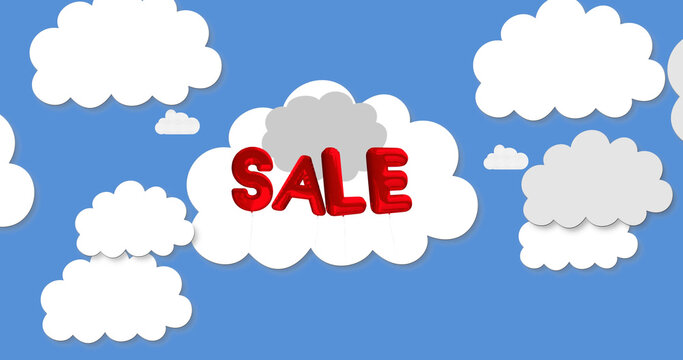 Image of red sale text over clouds and blue background