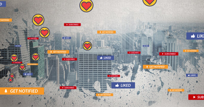 Image of falling social media icons and emojis over cityscape