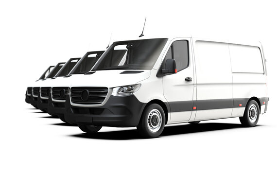 Fleet Of White Generic And Unbranded Vans On A White Background