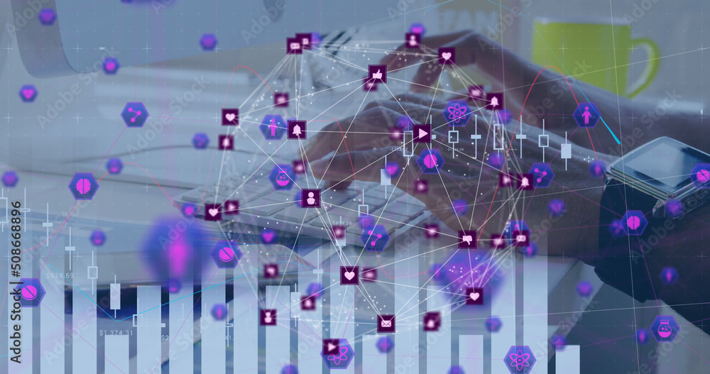 Poster digital composite image of network of connection with interface icons forming a globe against person