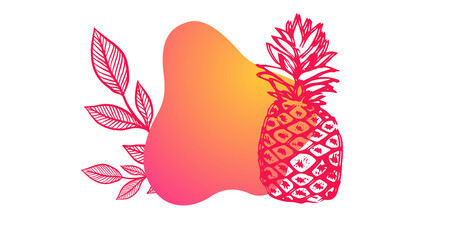 Image of pink leaves and pineapple with pink to orange shape on white background