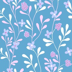 Fototapeta na wymiar Light seamless pattern with flowers on blue background.