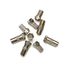 Professional cable TV antenna connectors on white background close up