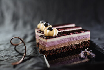 Three chocolate cakes on a black background. Mousse cake with blueberries. Opera cake at the a La carte desserts , cakes on a black background. Selective focus